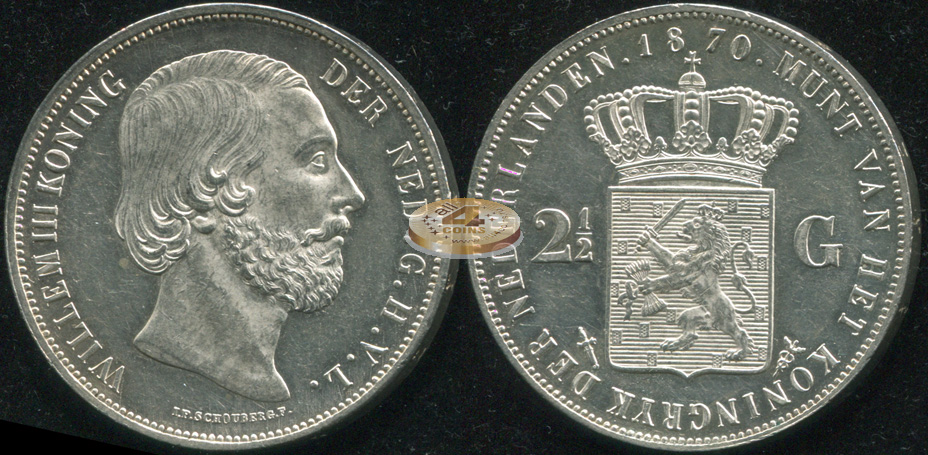 Нидерланды. 2 1/2 гульдена. 1870 (aUnc/Unc. Серебро)