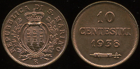 Сан-Марино. 10 центезими. 1938 (Unc)