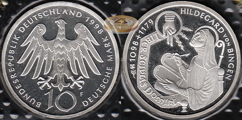 Германия (ФРГ). 10 марок. 1998 F (Proof. Серебро)