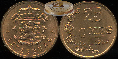 Люксембург. 25 центимов. 1947 (Unc)