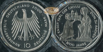 Германия (ФРГ). 10 марок. 2000.F (Proof. Серебро)