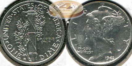 США. 10 центов (Дайм). 1941.S (aUnc+. Серебро)