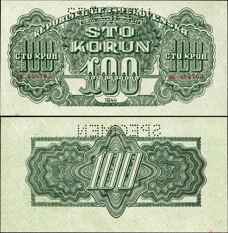 Чехословакия. 100 крон (speciment, Unc) 1944