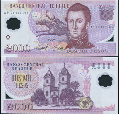 Чили Банкнота 2000 песо 2004 Unc Пластик Кат# P.160a