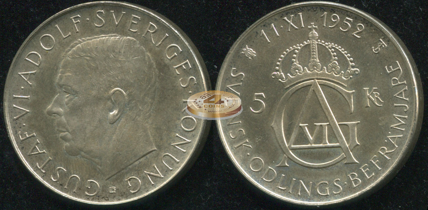 Швеция. 5 крон. 1952 (Unc. Серебро)
