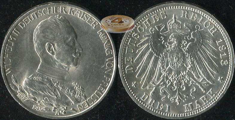 Германия (Пруссия). 3 марки. 1913.A (aUnc++. Серебро)